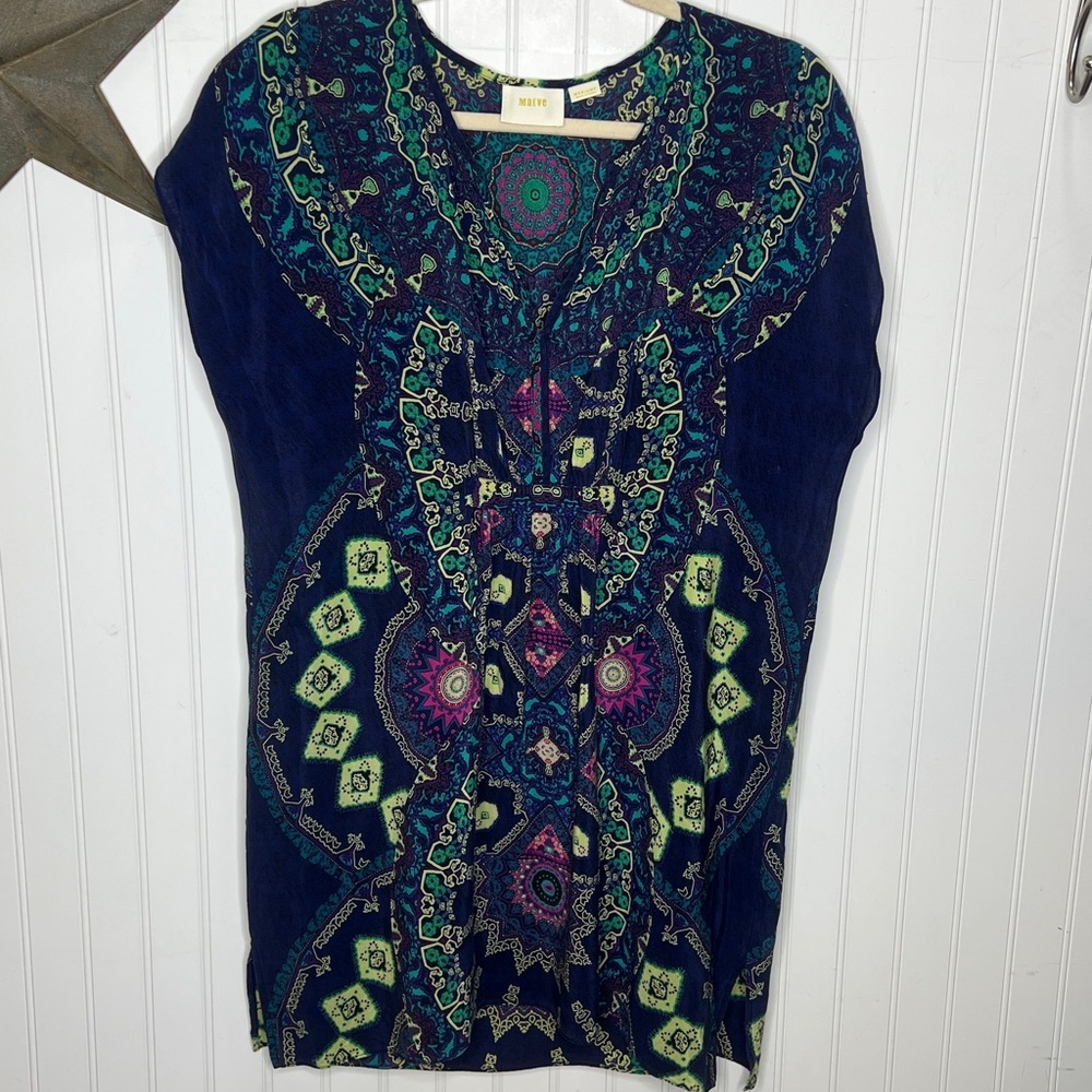Maeve Silk Vibrant Blue and Green Midi Dress Size Medium Petite - Picture 9 of 9